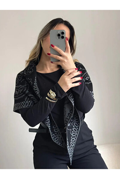 LEROSY CO. Ethnic Patterned Knitwear Shawl Gray Black