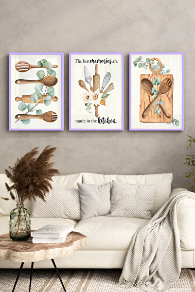 kutuTR Lila Renk Ahşap Çerçeveli 2DUV Baskı 3’lü MDF Tablo–Kitchen Yazılı Mut...