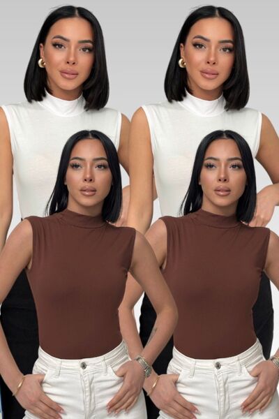 Lunamiratto Women's 2 Bitter Brown 2 White 4-Piece Sleeveless Bodysuit Zero S...