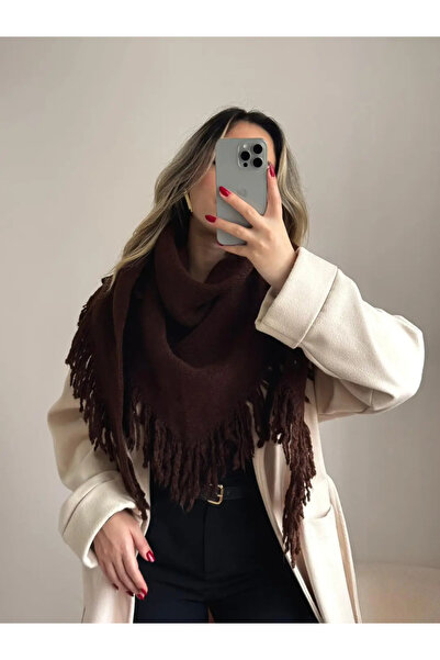 LEROSY CO. Tricotaj cu ciucuri triunghiular șal maro