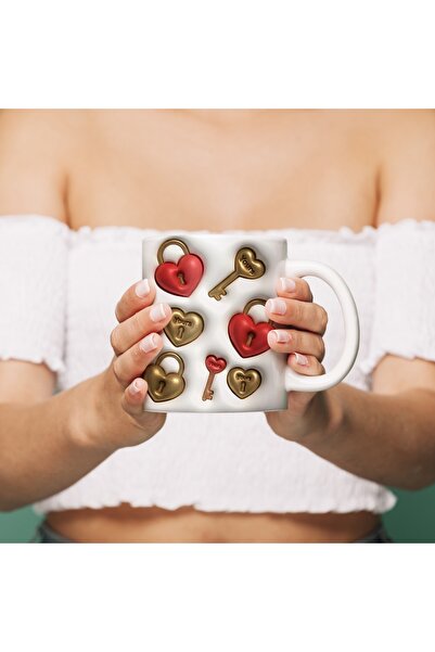 Beramussa Key Heart Figured Mug – 3D Looking Non-Embossed Lover Design Cup – ...