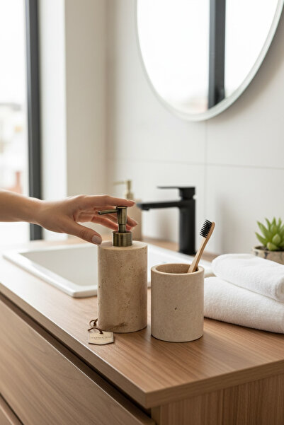 İSAOĞLU YAPI Antique Gold Travertine Soap Dish and Toothbrush Holder Set Natu...