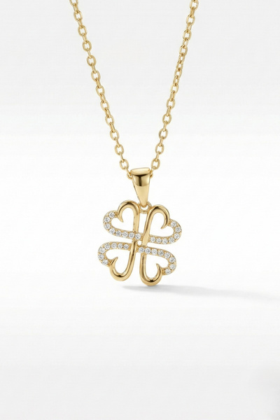 Intuit Jewelry 925 Ayar Gümüş 14 Ayar Altın Kaplama Kalpli Yonca Şans Kolyesi