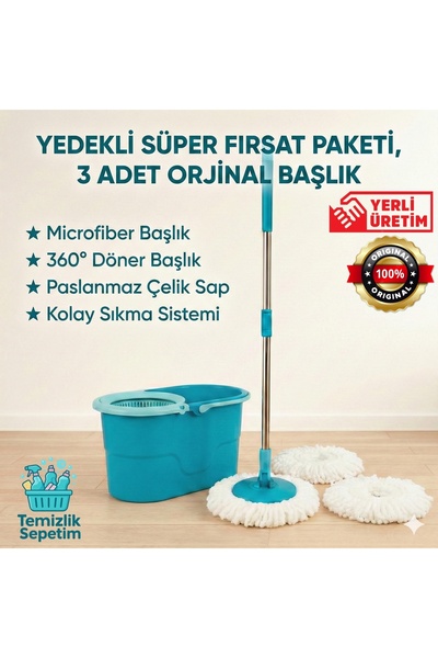Motek Fix Mop Set Pratik Temizlik Seti Sıkma Sistemli Döner Başlıklı (3 Adet ...