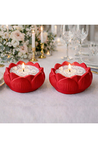 Mira Tasarım Kırmızı Lotus Mumluk - 2 Adet Lotus Çiçeği Mumluk