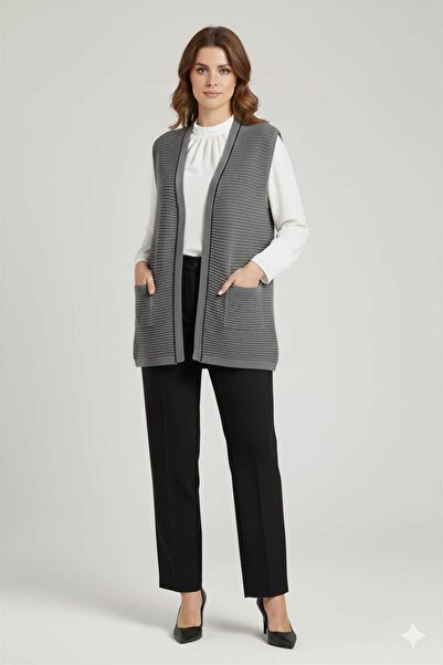 Uludağ Triko Women's Smoked Patterned Knitted Mother's Vest with Pockets