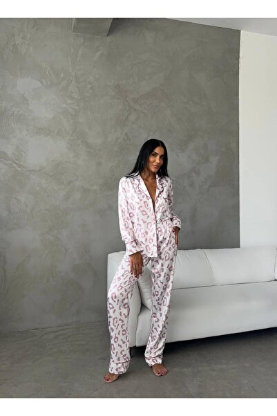Loraofsilk MOR LEOPAR DESEN İPEK SATEN PİJAMA TAKIMI
