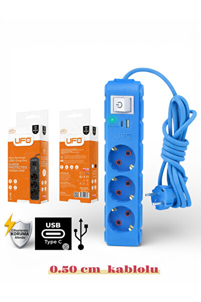 UFO Akım korumalı grup priz 0.50 cmkablolu anahtarlı mavi 3 lü ve USB+type-c ...