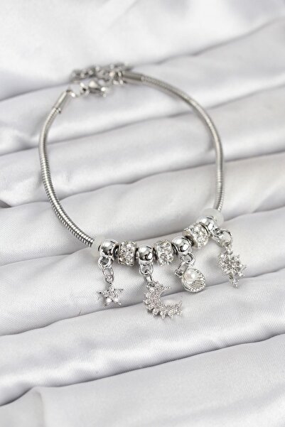 cleovibe سوار نسائي من النحاس الفضي اللون مع قلادة على شكل هلال