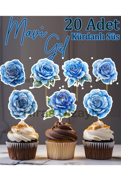 Hiras Dizayn 20 قطعة من زينة الورود الزرقاء مع أعواد الأسنان لتزيين الكعك وال...