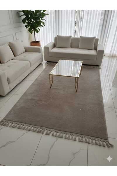 ALTUN CARPET μοντέρνο ανοιχτό καφέ χρώμα βιζιόν, βελούδινο χαλί με κρόσσια κα...