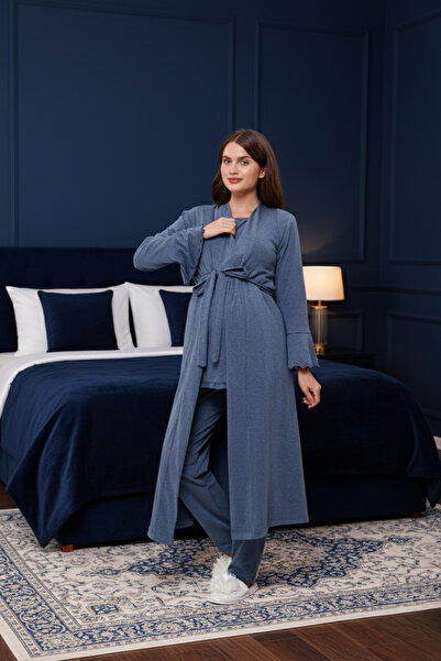 Yulem Homewear Anthracite Double-Breasted Cotton Maternity Pajama Set with Nu...