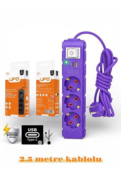 UFO Akım korumalı grup priz 2.5 mt kablolu anahtarlı mor 3 lü ve USB+type-c ş...