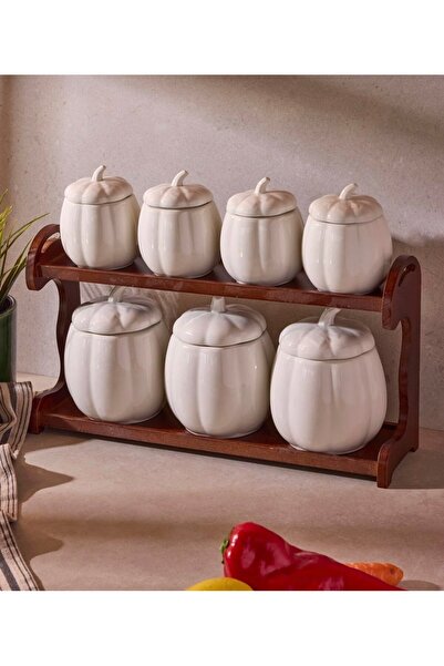 Home Çırağan Pumpkin Bal Kabağı 7'li Akasya Stantlı Porselen Baharat Takımı