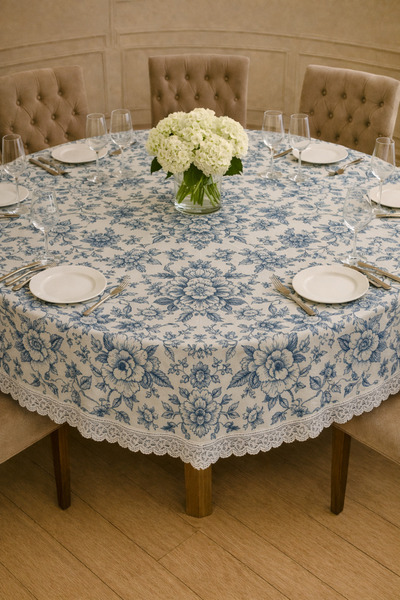 Rona Home Luxury Digital Printed Round Table Cloth with Laced Blue Leaf Patte...