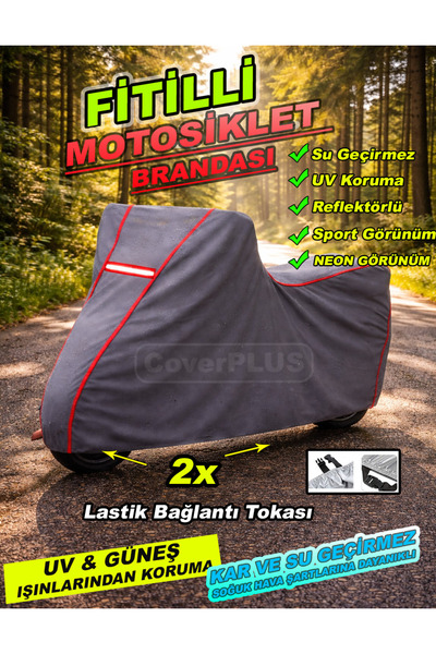 CoverPlus KIRMIZI FİTİLLİ GRİ Tüm Modellere Uyumlu Motosiklet Brandası Motor ...