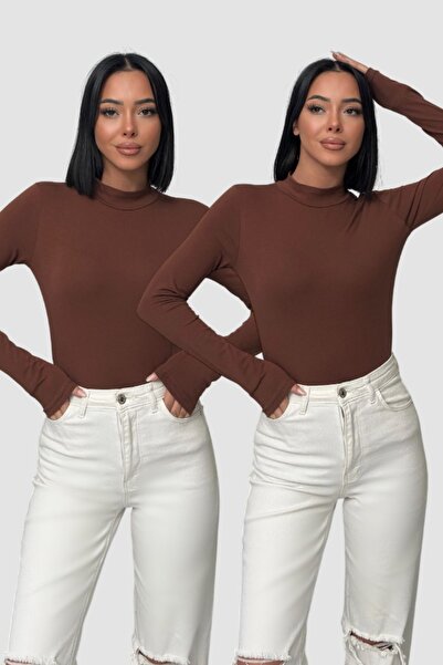Lunamiratto Women's 2-Piece Long Sleeve Bodysuit Bitter Brown, Brown Half Tur...