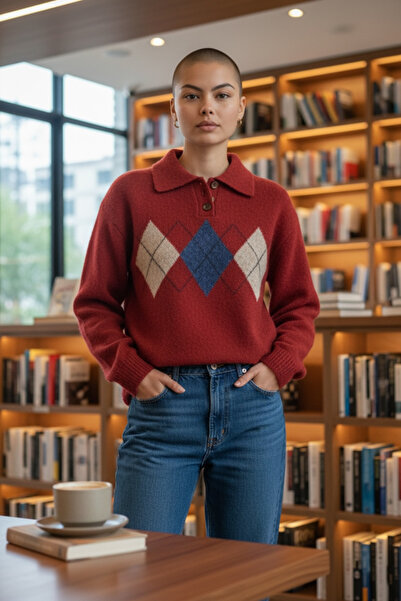 SEMİZ GİYİM Gömlek Yaka Baklava Desenli Kırmızı Kazak