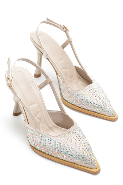 ELEVAM Women's Stone Detailed Thin Heeled Evening Dress Shoes Stylish