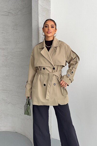 AKD Atelier Women's Short Trench Coat Oversized Belted Buttoned Double-Breast...