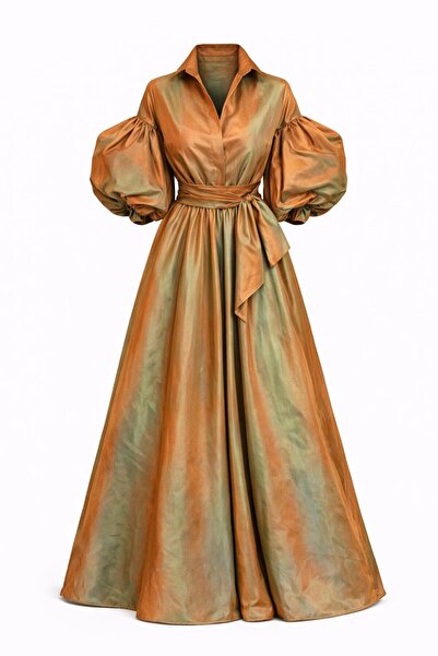 ALYEL NAKER فستان قميص طويل من التفتا مع تفاصيل الأكمام المنتفخة وحزام