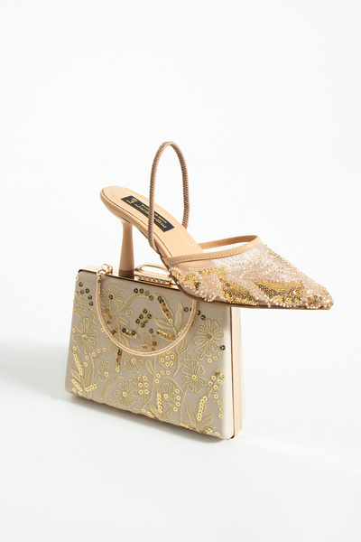 Lebibe Shoes Perie Beige Shoes Bag Combination Women's 7 cm Heels Sequin Sequ...