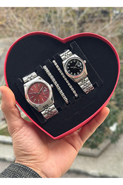Tulpar Special Design Red Heart Boxed Lover Couple Wristwatch Set with Calend...