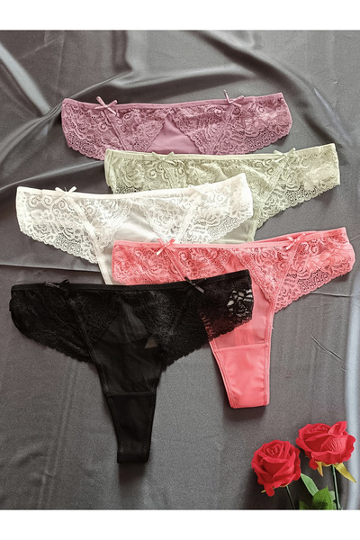 Papatya Yan Dantel Detaylı Transparan Arkası Tanga Kadın İç Giyim Külot ( Ren...