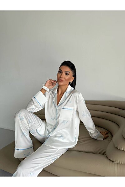 Loraofsilk LARSİ BEYAZ BEBE MAVİİPEK SATEN PİJAMA TAKIMI