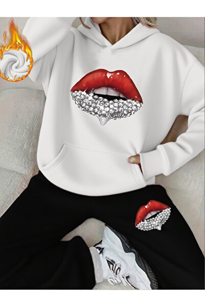 ibibik moda Dudak Printed Hooded pocketed cotton Hooded tracksuit set