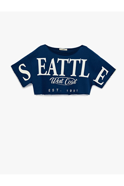 Koton Oversized Off-Shoulder Short Sleeve Printed Crop T-Shirt