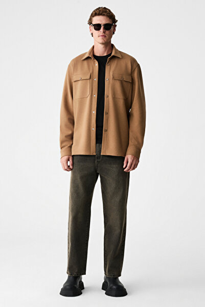 GRIMELANGE MAZE Erkek Özel Dokulu Kalın Kumaşlı Cepli Çıtçıtlı Açık Vizon Ceket