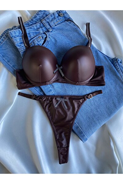 Gold Night Women's Brown Leather Stone Bow Underwire Supported Padded Bra Set...