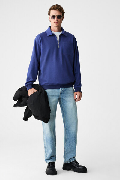 GRIMELANGE Shiftd men's crew neck long sleeve zip-up indigo sweatshirt