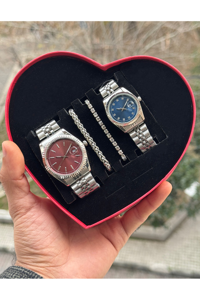 Tulpar Special Design Red Heart Boxed Lover Couple Wristwatch Set with Calend...