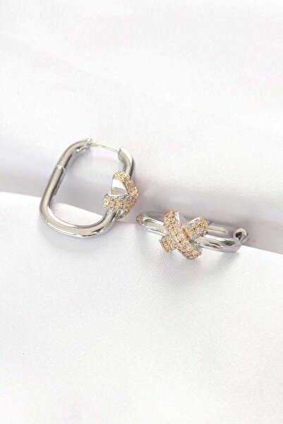 Ebijuteri Brass Double Color Rhinestone X Design Rectangular Earrings