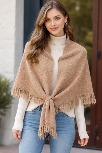 stravis Brown tasseled triangle shoulder shawl with inner lining