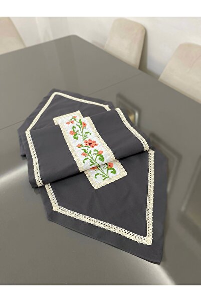 Parla Life Antrasit Renk Kanaviçe Modelli Keten Runner (istenilen renk ve ölç...