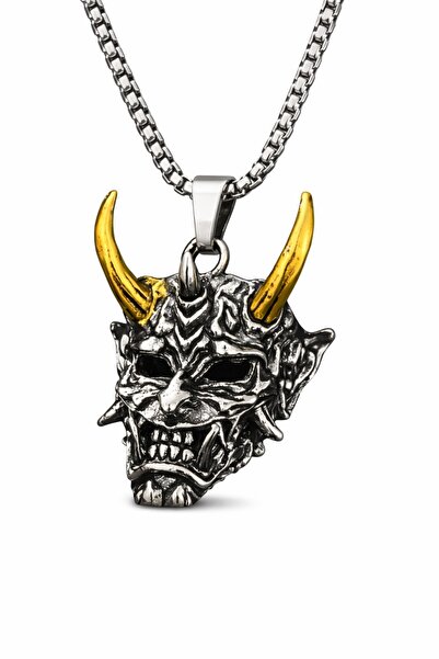 OEM Gothic Necklace with Pendant, Oni Mask with Golden Horns, Silver,, Japanese