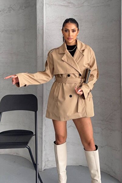 AKD Atelier Women's Short Trench Coat Oversized Belted Buttoned Double-Breast...