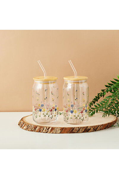 Lifestyle طقم أكواب زجاجية من قطعتين مع شفاطة من فلورا - 530 مل