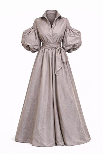 ALYEL NAKER Balon Kol Detaylı & Kuşaklı Maxi Boy Tafta Gömlek Elbise