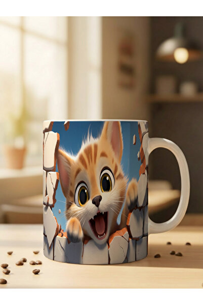 NİVRA GRUP كوب بورسلين ثلاثي الأبعاد طباعة رقمية قطعة من كيوت أورانج كات منقو...