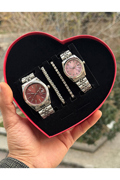 Tulpar Special Design Red Heart Boxed Lover Couple Wristwatch Set with Calend...