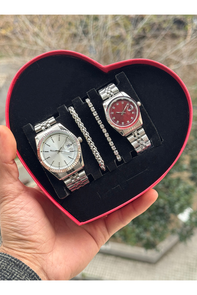Tulpar Special Design Red Heart Boxed Lover Couple Wristwatch Set with Calend...