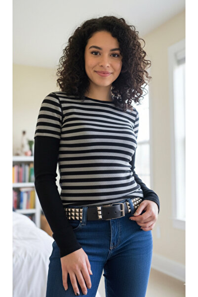 Köstebek Siyah Gri Çizgili Grunge Siyah Kollu Bluz