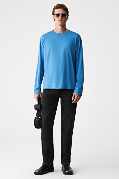 GRIMELANGE Gravs men's 100% cotton soft fabric round neck long sleeve blue t-...