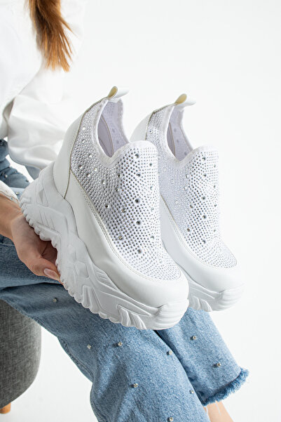 dabab shoes Olivia White Stone Detailed 10 cm Hidden Heel Platform Slip-On Sn...