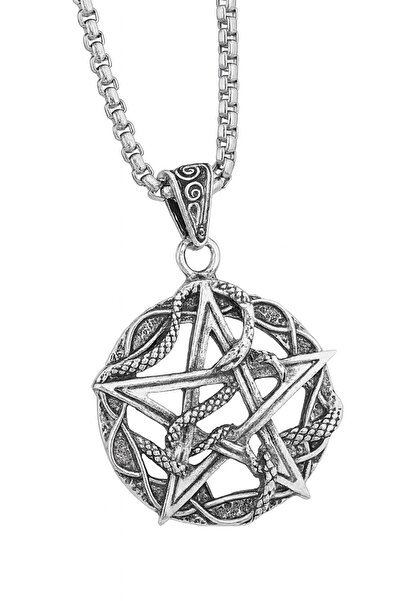 OEM Gothic Necklace with Pentagram Pendant and Serpentine Motifs, Silver