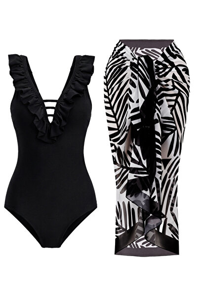 CUPSEA Slimming Effect Ruffled Front Black Swimsuit Black Leaf Patterned Pare...